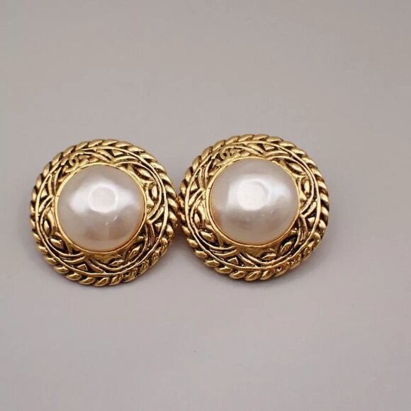 CHANEL CC Imitation Pearl Round Button Earrings Clip-On Gold France